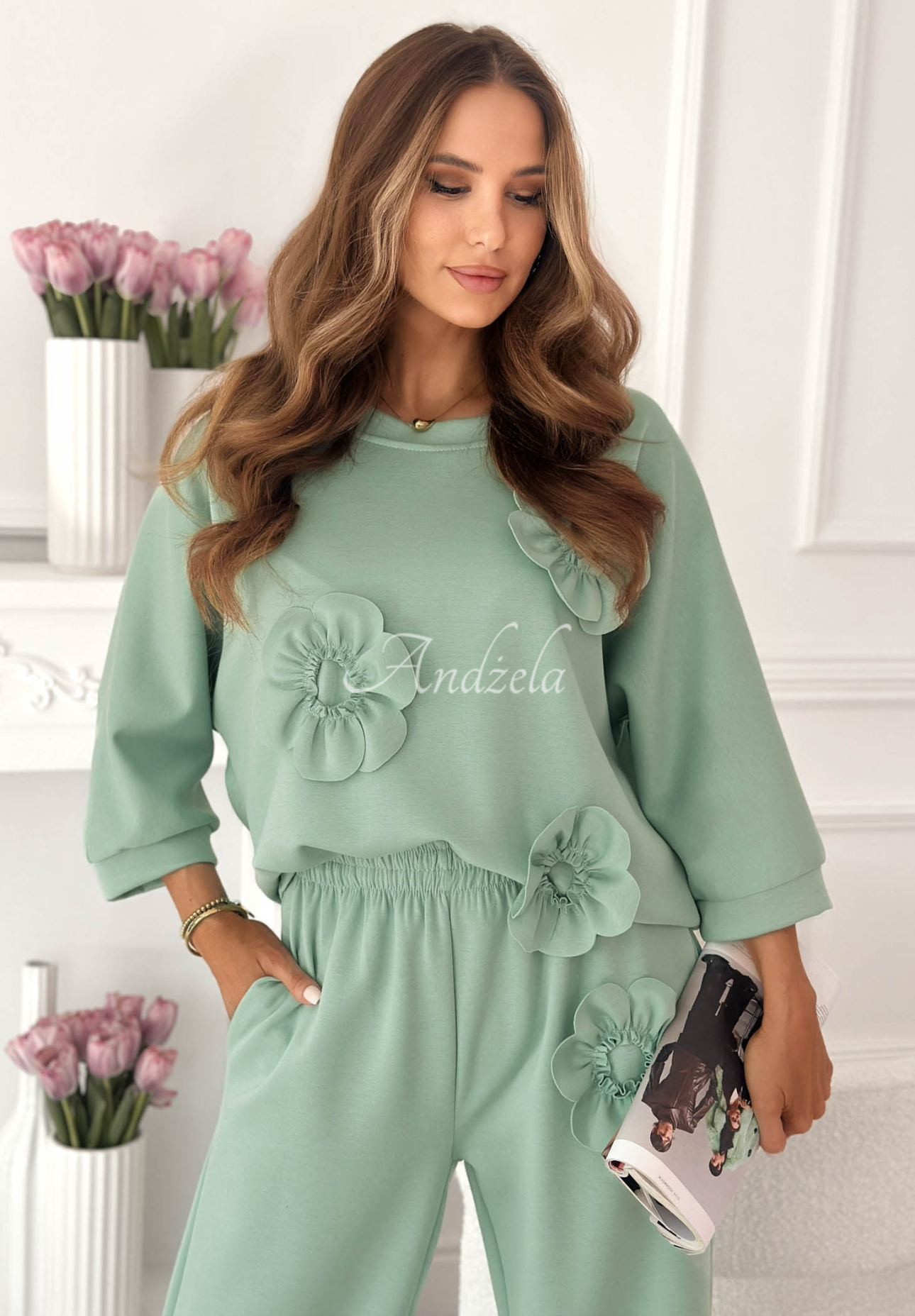 Tepláková súprava s kvetmi a viskózou Floralia pistaciový