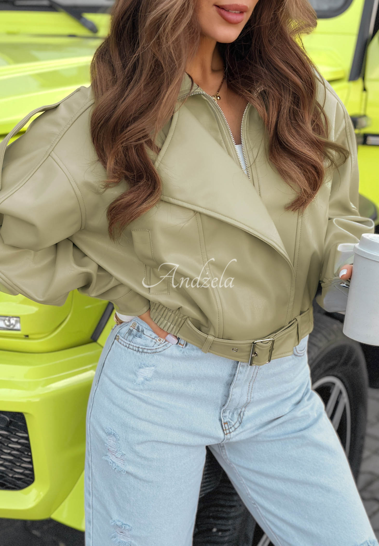 Krátka kožená bunda bomberka Glorianna pistaciová