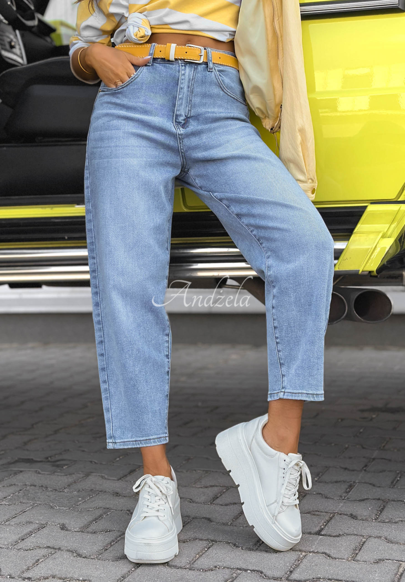 Džínsy mom fit Tabitha modré