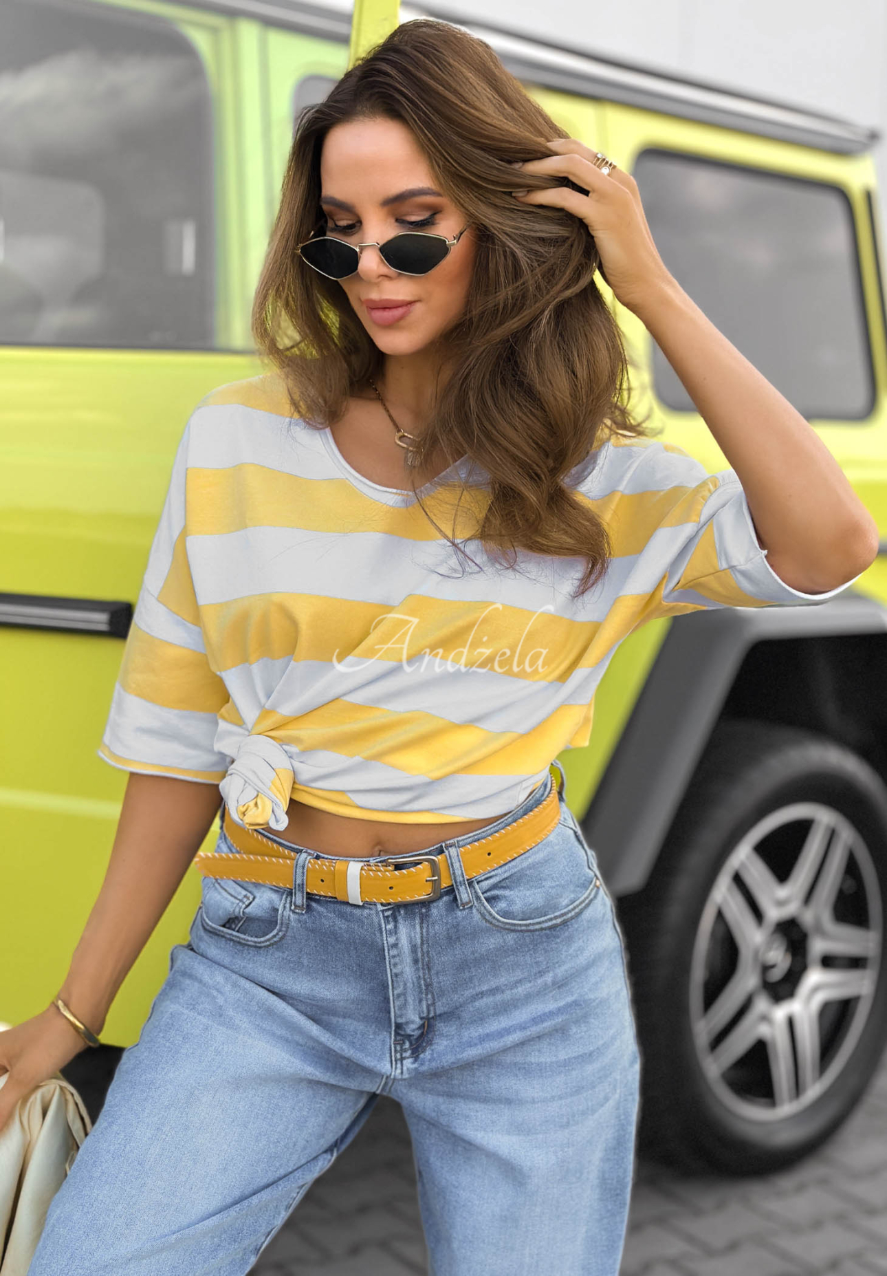 Bavlnené tričko s výstrihom s pruhmi Summer Lemonade bielo-žltá