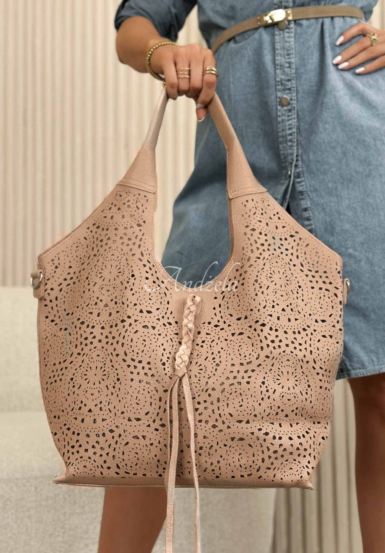 Kožená ažúrová kabelka Muriel béžová