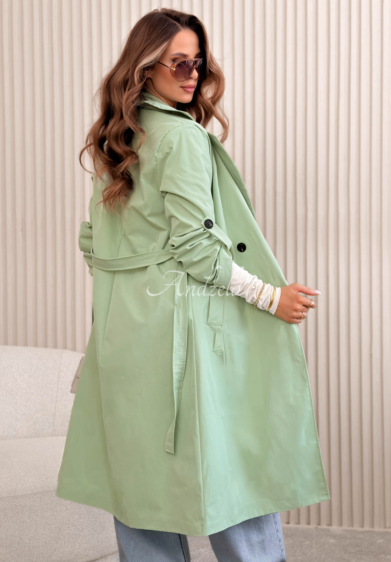 Dlhý kabát trenčkot Miraldi pistaciový