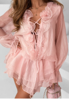 Šaty mini z falbankami i różami If Only You ecru