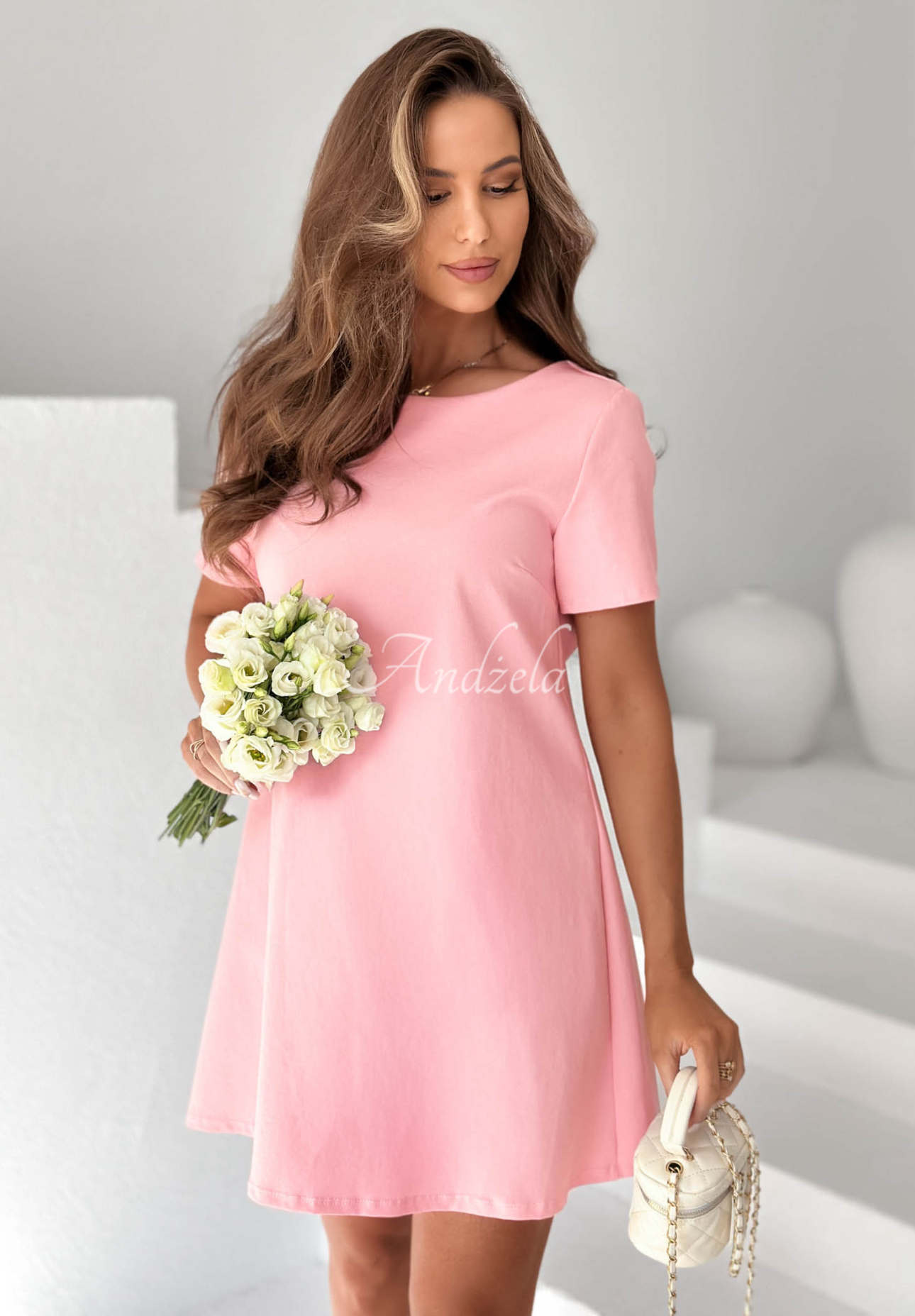 Bavlnené šaty mini s mašľou Mariette ružová