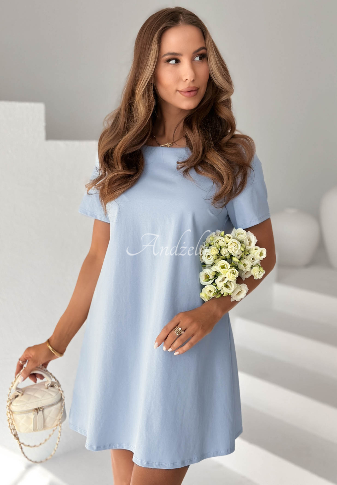 Bavlnené šaty mini s mašľou Mariette blankytná