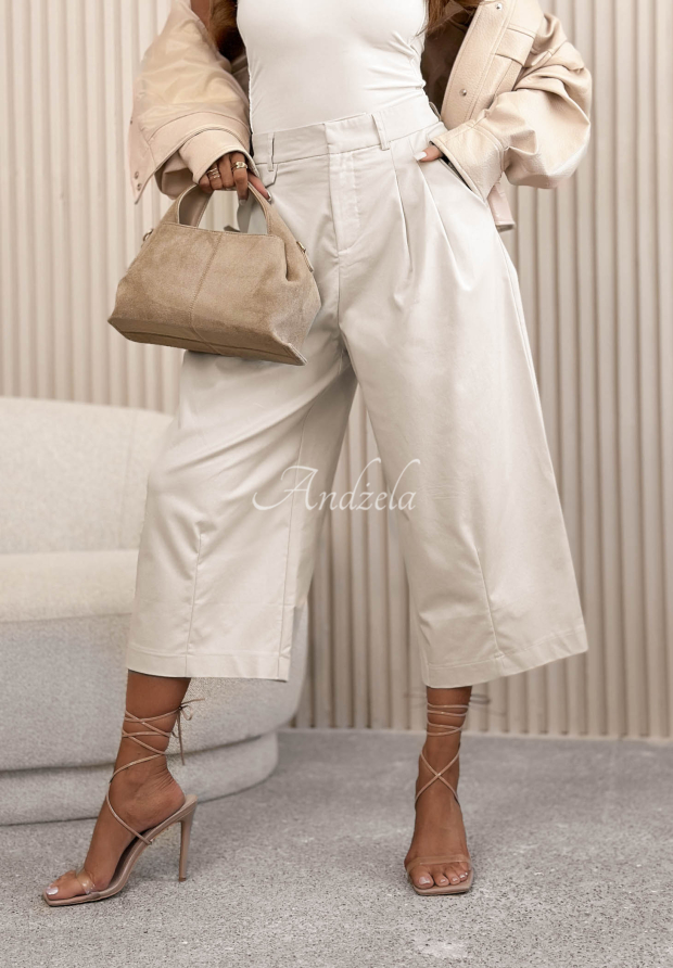 Bavlnen&eacute; nohavice culotte wide leg Connie b&eacute;žov&eacute;