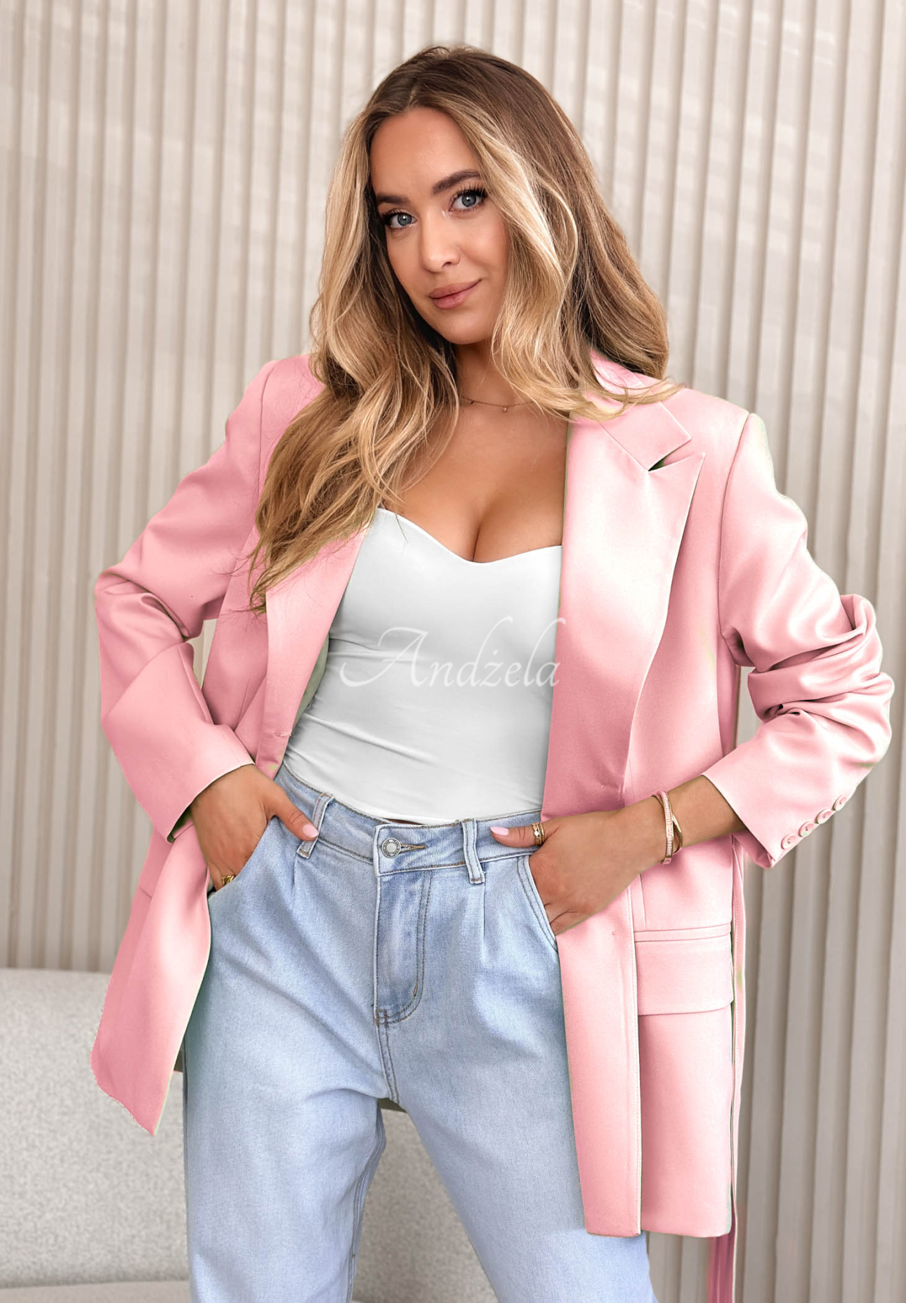 Sako s viazaním She Believed It púdrovo ružová