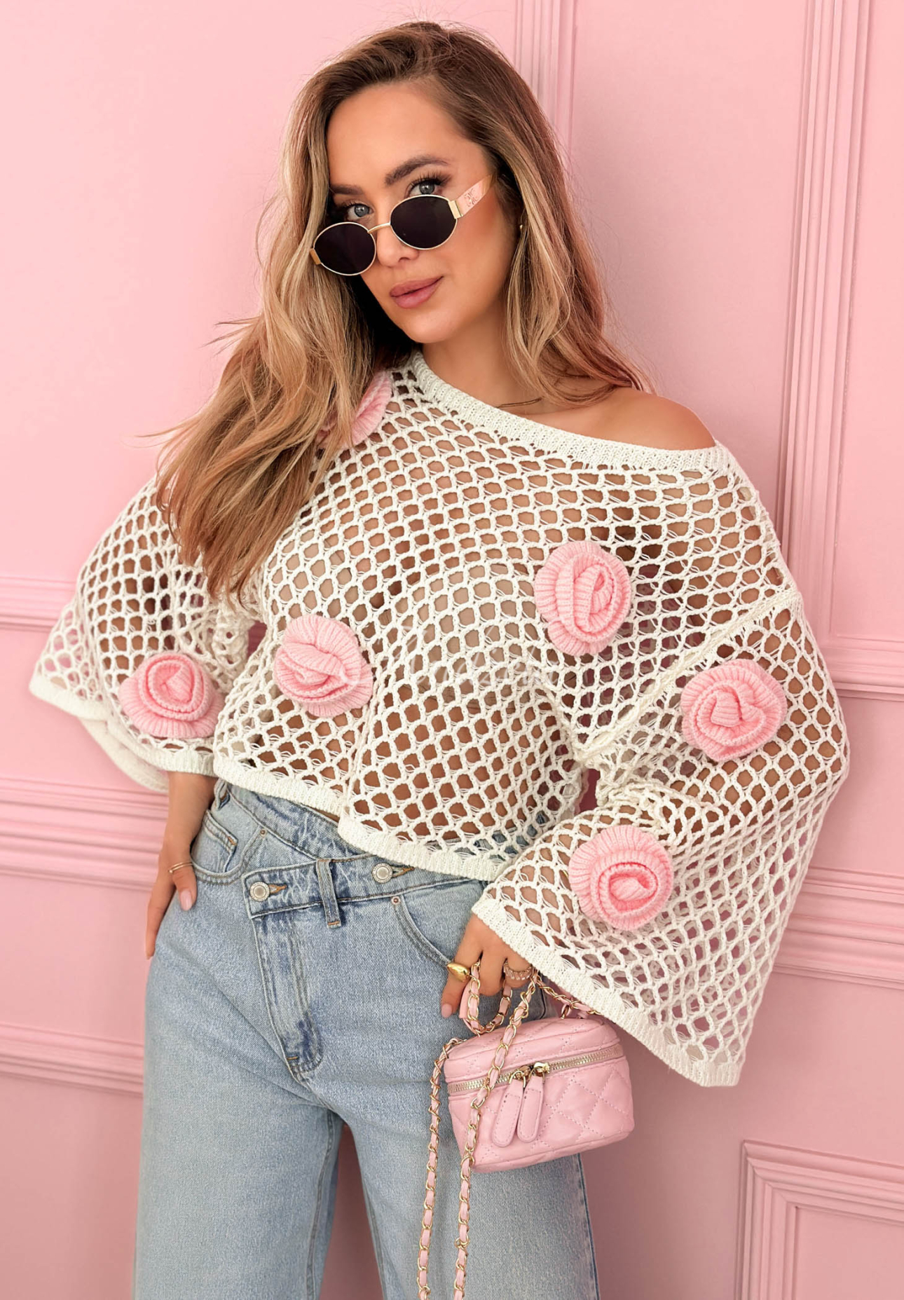 Krátky ažúrový sveter s ružami Summer Rose Biela