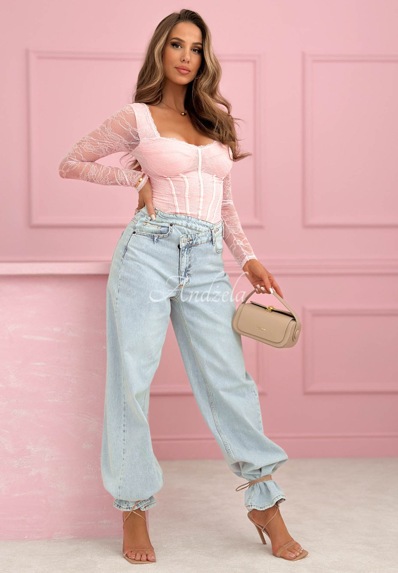 Čipkované body s dlhým rukávom Noelia ružové