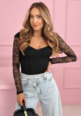 Čipkovan&eacute; body s dlh&yacute;m ruk&aacute;vom Noelia čierne