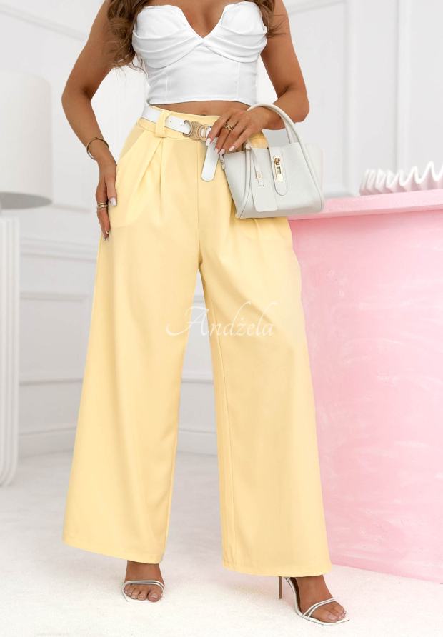 Visk&oacute;zov&eacute; nohavice zvonov&eacute;ho strihu wide leg s opaskom Morning Cappuccino žlt&eacute;