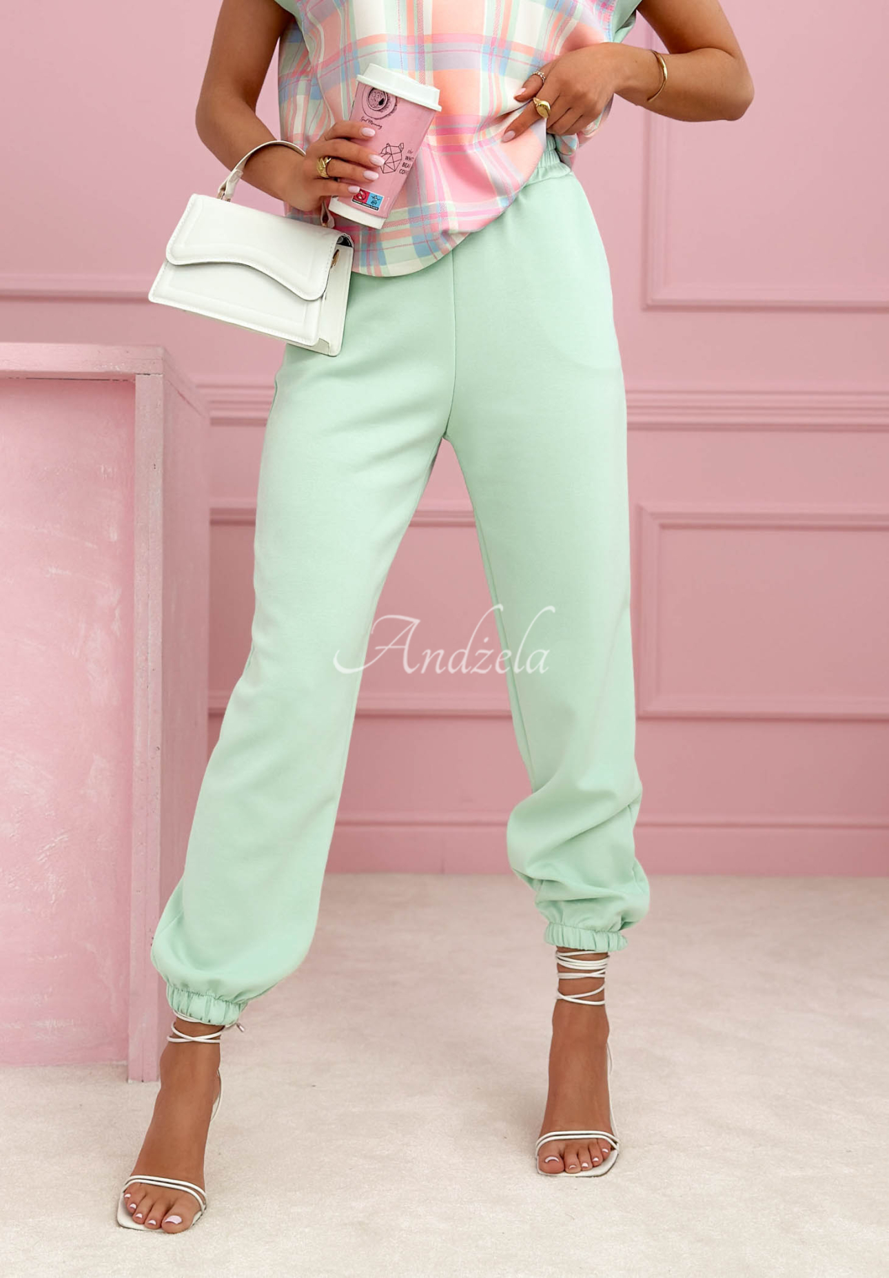 Viskózový károvaná súprava blúzka a nohavice Always Here pistaciový