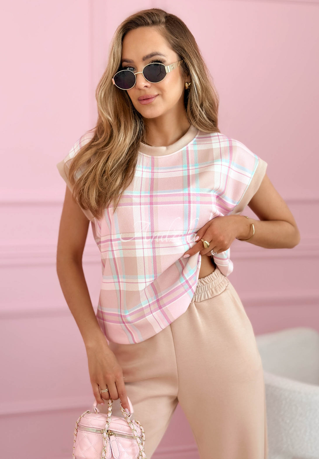 Viskózový károvaná súprava blúzka a nohavice Always Here béžový