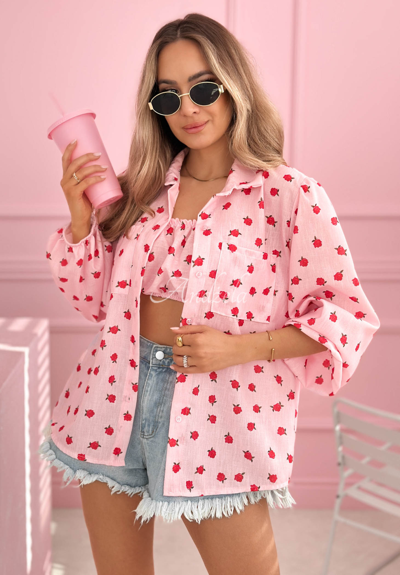 Bavlnená súprava košeľa a top s ružami Velvet Rose púdrovo ružová