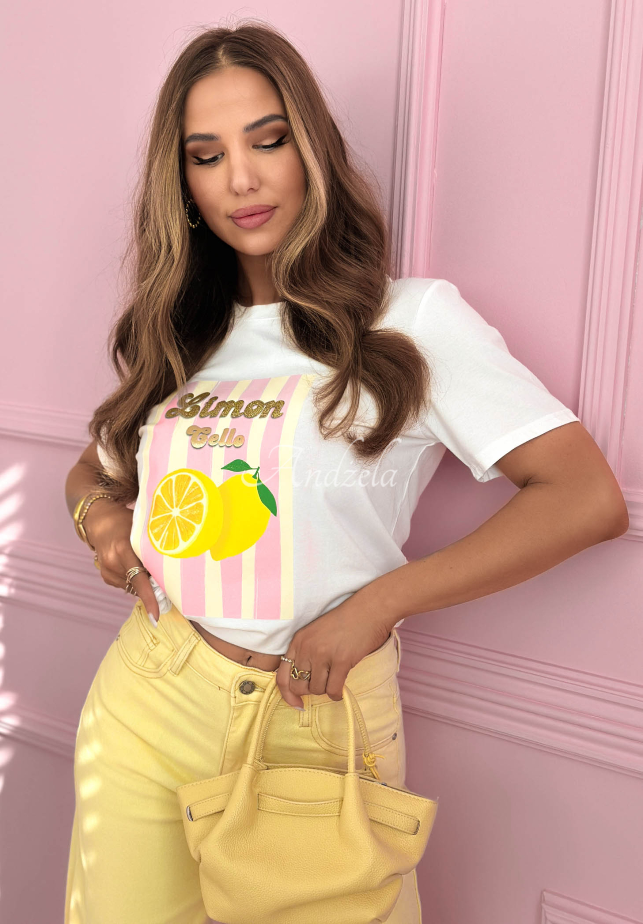 Bavlnené pásikavé tričko s potlačou Limon Gelato bielo-ružový