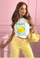 Tričko z nadrukiem w paski Limon Gelato biało-ružový