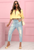 Nohavice džínosové mom fit z naszywkami Place Like This modré