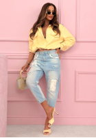 Nohavice džínosové mom fit z naszywkami Place Like This modré