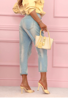 Nohavice džínosové mom fit z naszywkami Place Like This modré