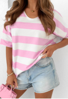 Tričko z dekoltem w paski Blaire biało-ružový