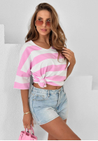 Tričko z dekoltem w paski Blaire biało-ružový