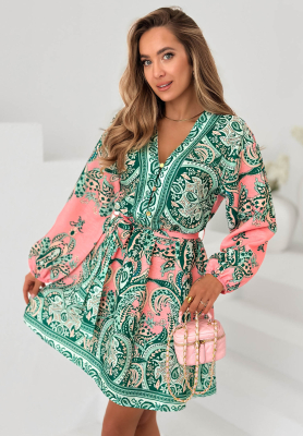 Vzorované šaty s opaskom a bavlnou Endless Spring zeleno-ružová