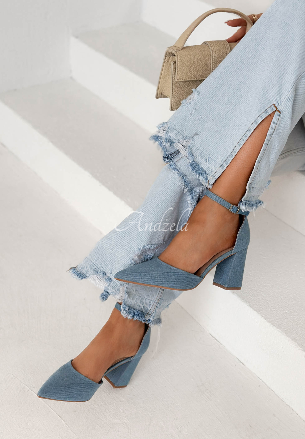 Džínsové sandále na opätku Nefertiti modré