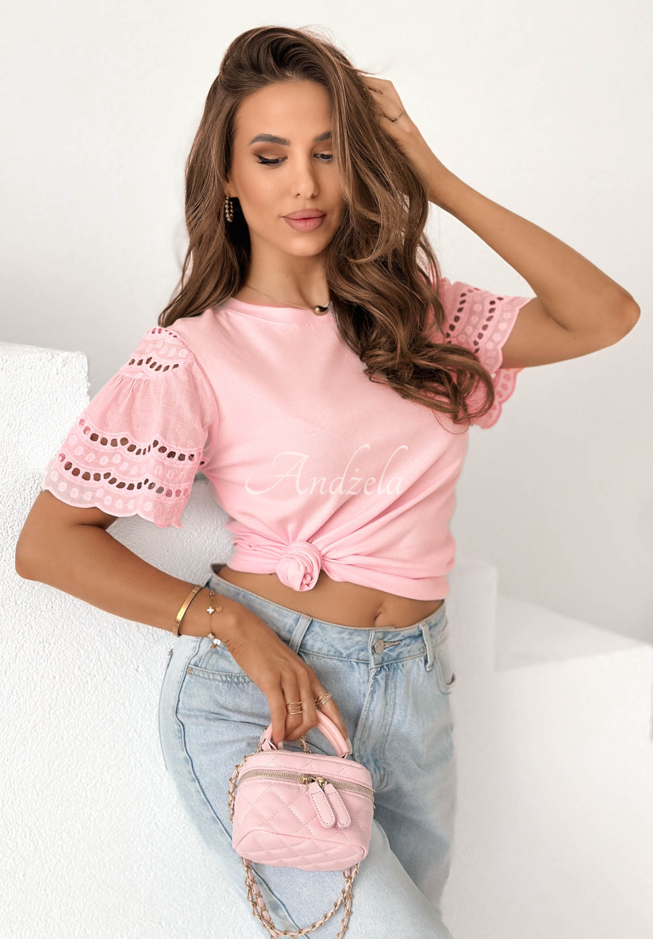 Bavlnené tričko s ažúrovými rukávmi Maritta púdrovo ružová