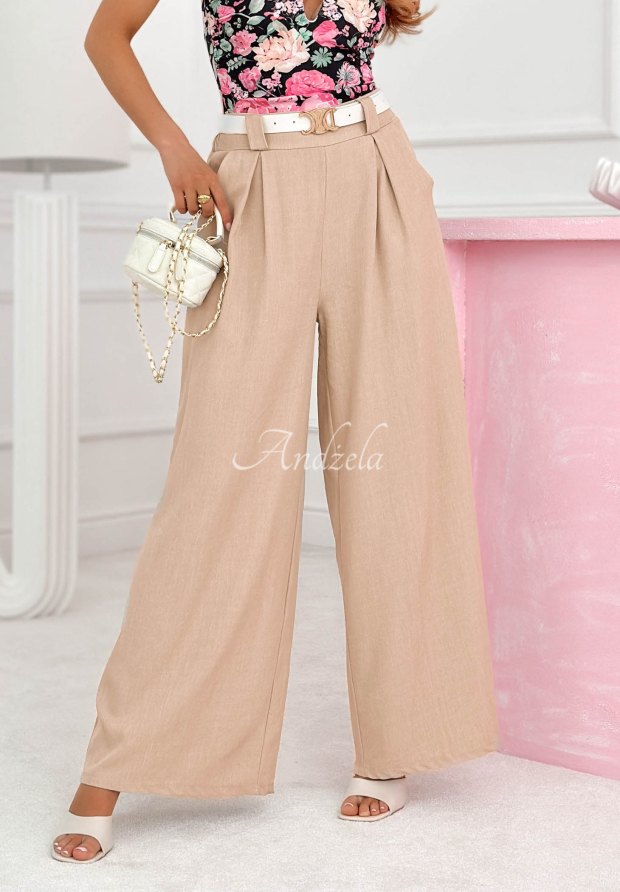 Visk&oacute;zov&eacute; nohavice zvonov&eacute;ho strihu wide leg s opaskom Morning Cappuccino b&eacute;žov&eacute;