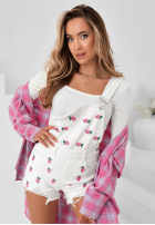 Krótkie džínosové ogrodniczki w truskawki Sweet Berry biele