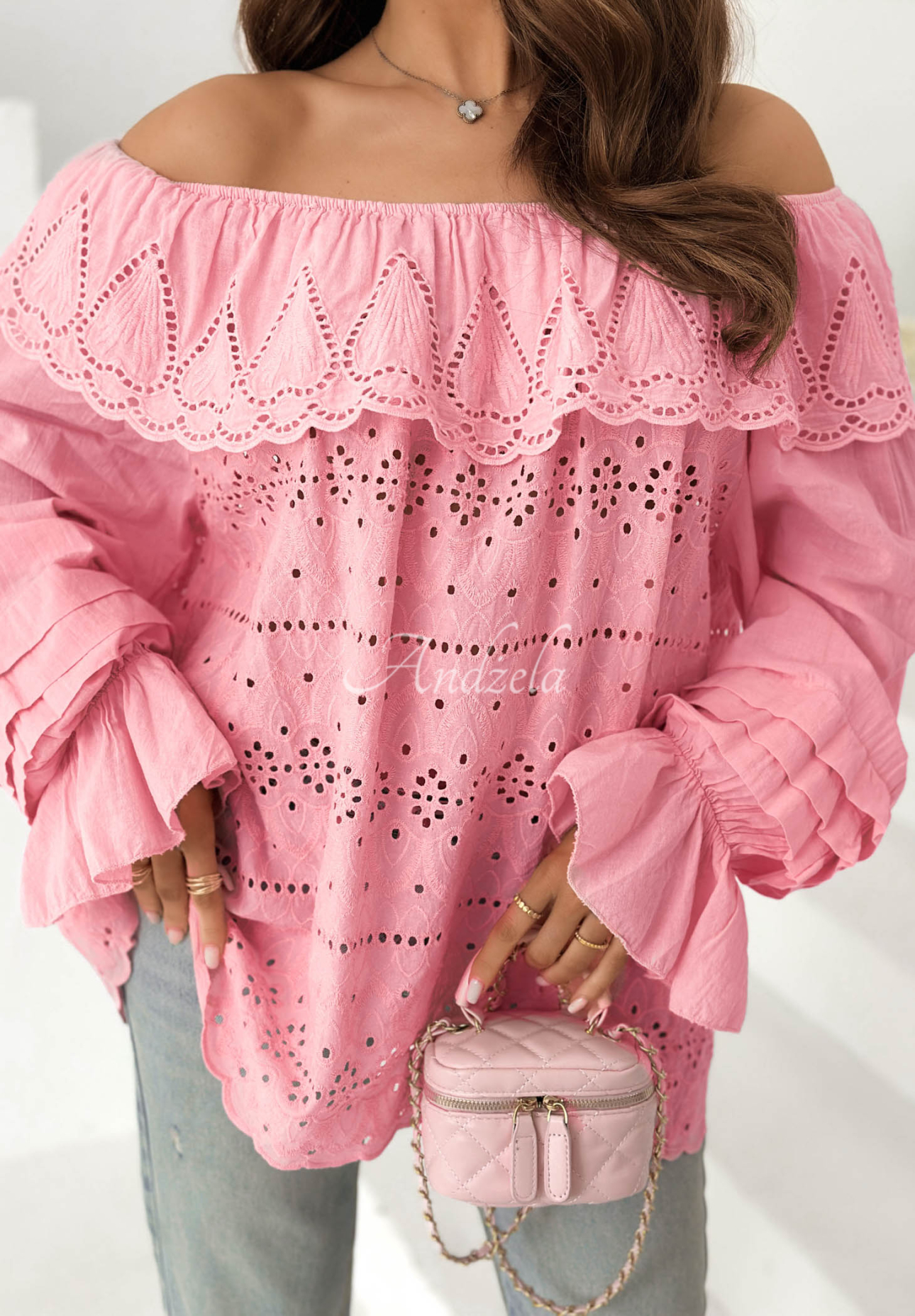 Ažúrová blúzka španielka boho z bavlny Pretty Sunshine ružová