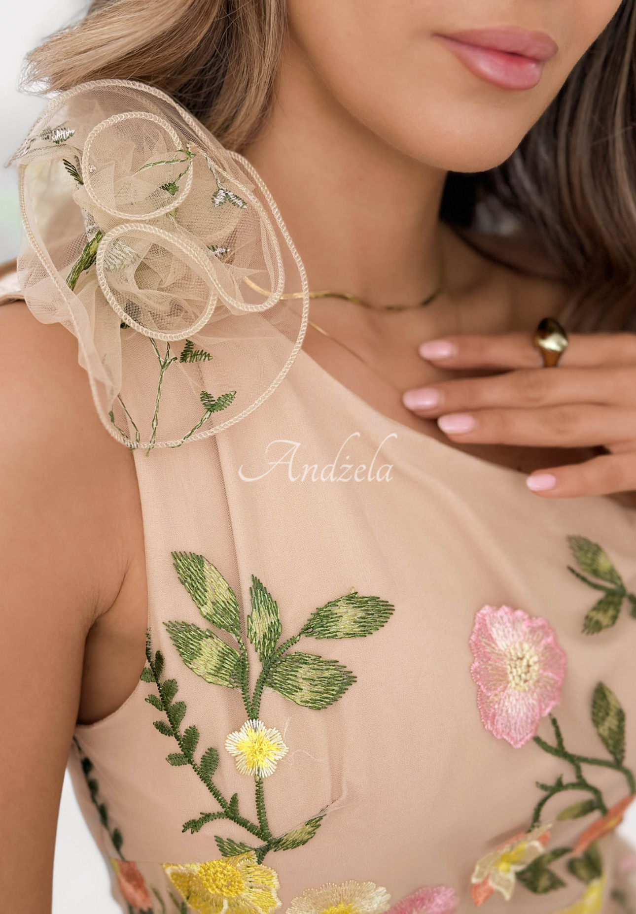 Tylové šaty mini s vyšívanými kvetmi Grace Bloom béžová