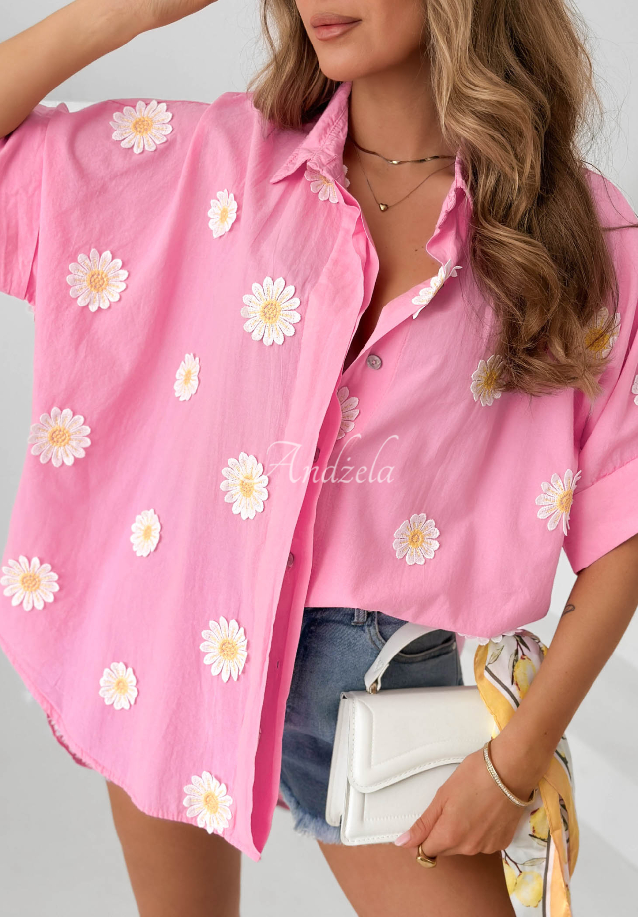 Bavlnená košeľa s kvetinovými nášivkami Cute Daisy ružová
