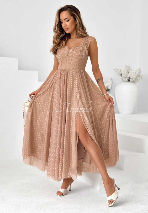 Tylov&eacute; maxi &scaron;aty s bodkami Blush Dream b&eacute;žov&aacute;