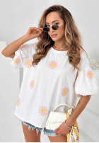 Blúzka z bufkami i haftowanymi kwiatkami Sweet Daisy Biela