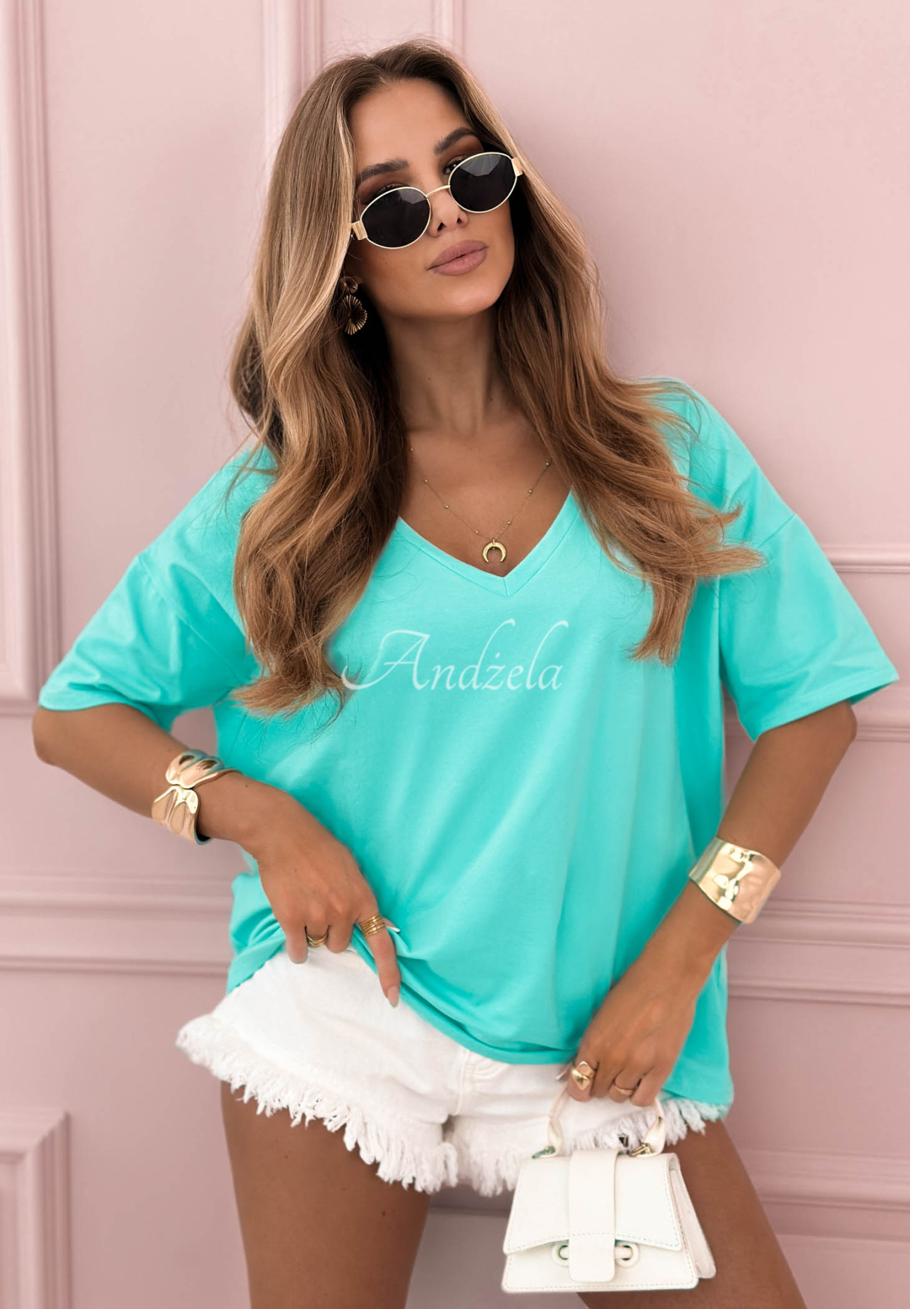 Tričko oversize s výstrihom V Cascade tyrkysový