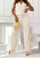 Elegancki Súprava Vesta i Nohavice wide leg z koronką Fancy You béžový