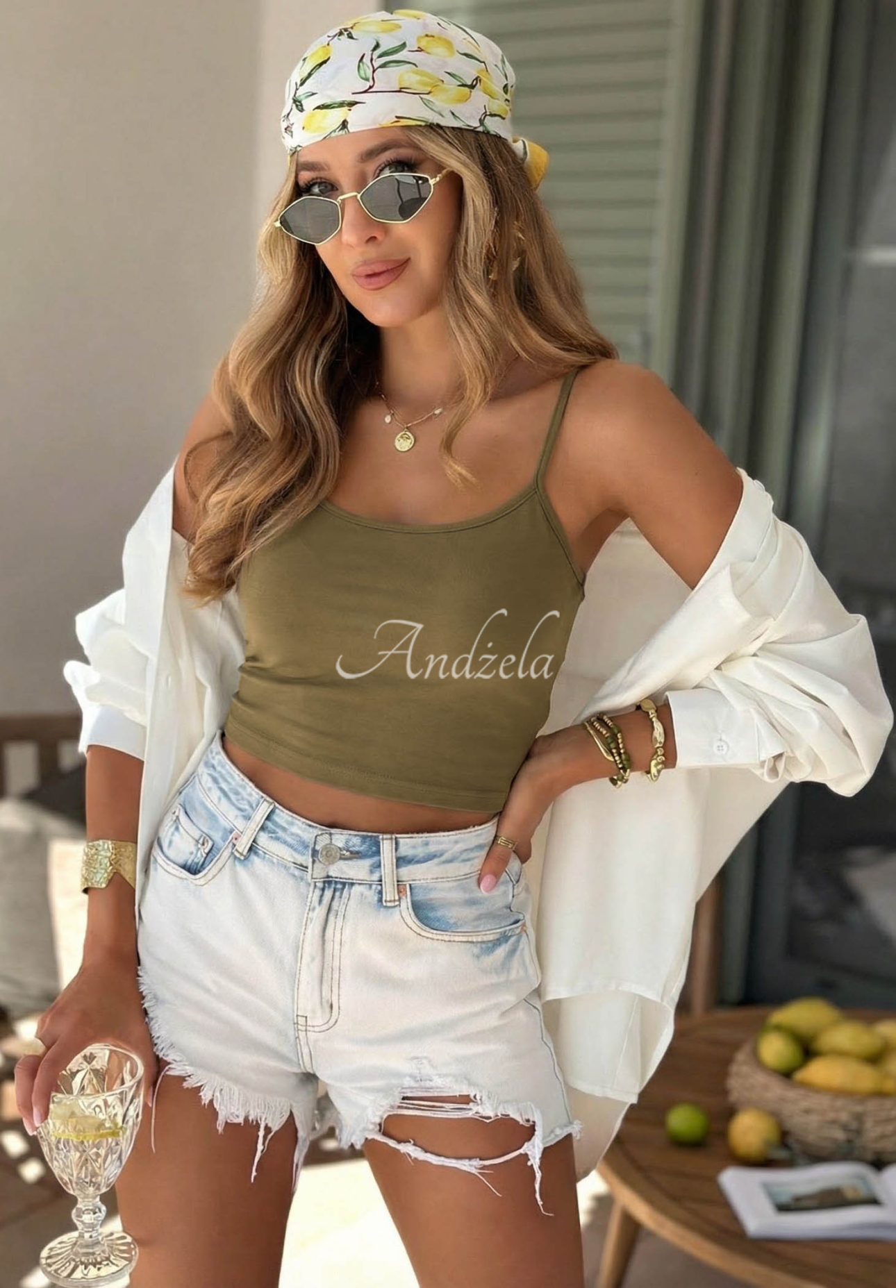 Krátky bavlnený top na ramienka Viva Oliva olivový