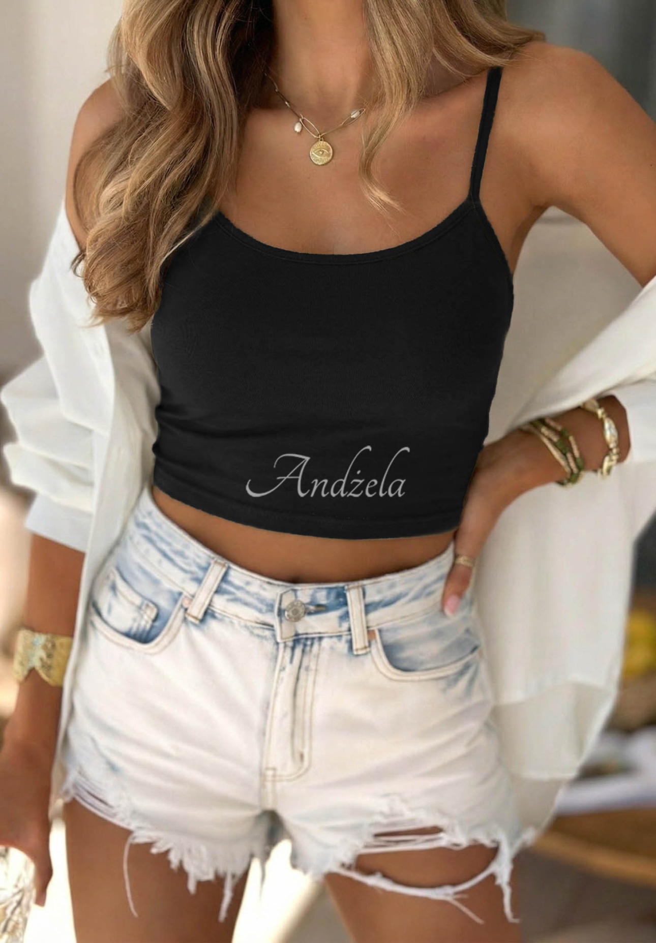 Krátky bavlnený top na ramienka Viva Oliva čierne