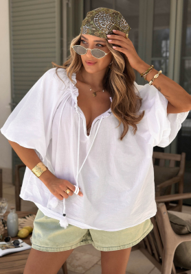 Bavlnen&aacute; bl&uacute;zka s naberan&yacute;mi ruk&aacute;vmi a viazan&iacute;m pri v&yacute;strihu Bellanova Biela