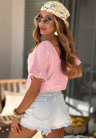 Bawełniany Tričko z falbankami Ask For More púdrovo ružová