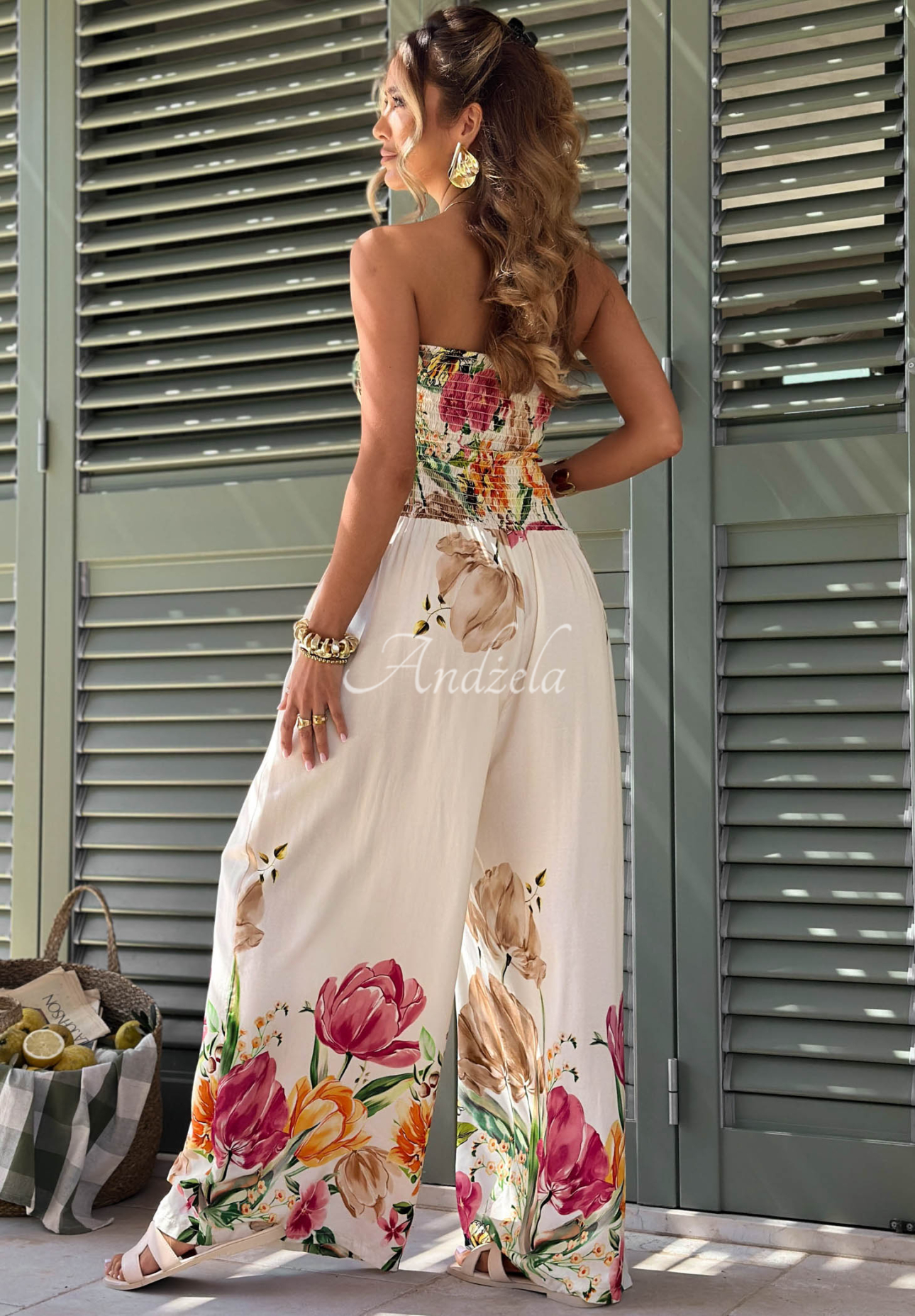 Dlhý viskózový overal bez kamienok s kvetinovým vzorom Riviera Blossom svetlobéžový