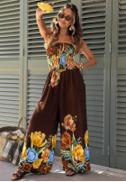 Dlhý viskózový overal bez kamienok s kvetinovým vzorom Riviera Blossom čokoládový