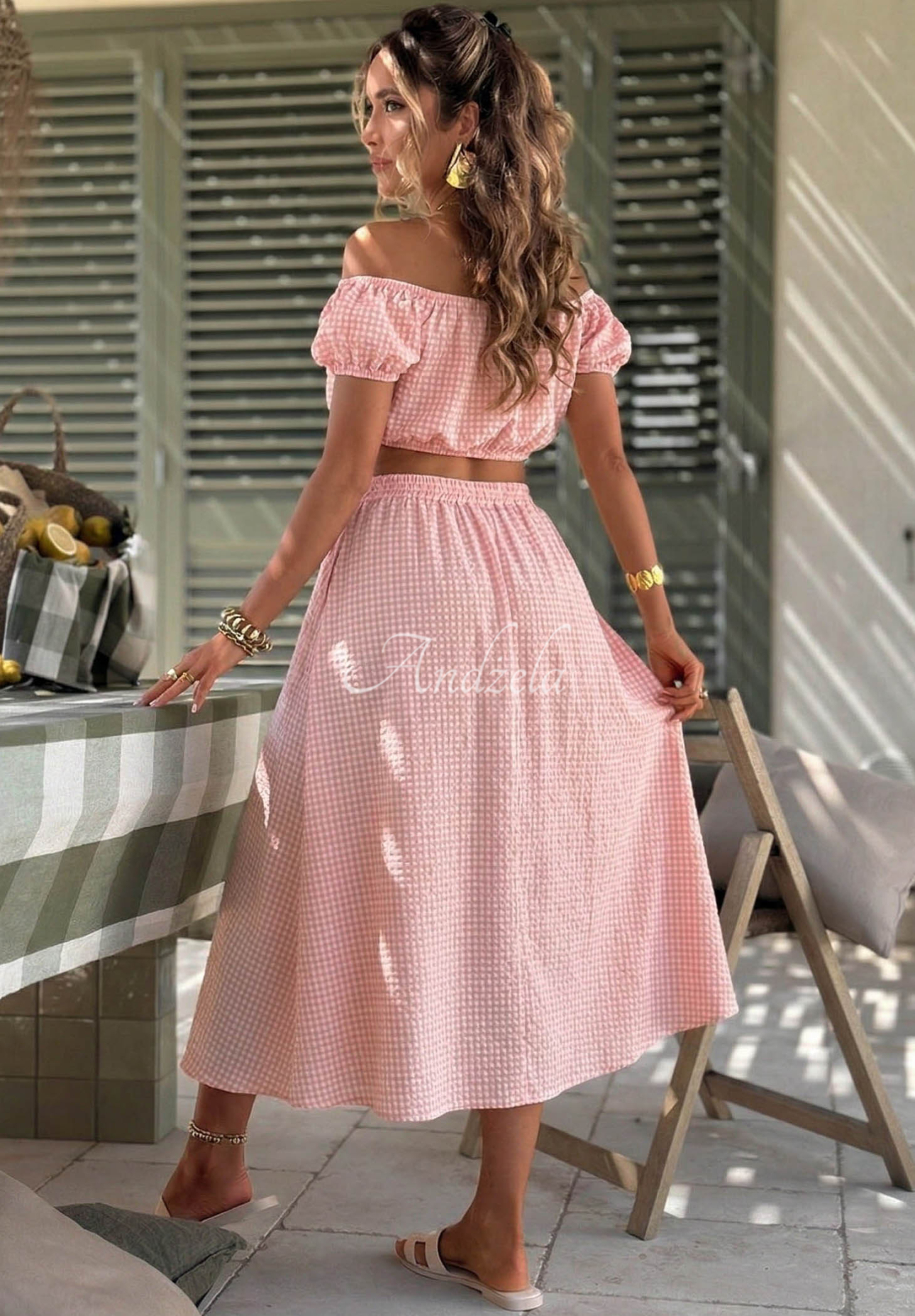 Viskózová súprava španielka a kockovaná sukňa Flamingo Sunset ružový