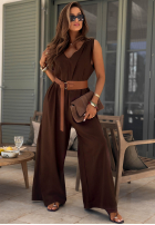 Dlhý lniany Overal z szerokimi nogawkami i paskiem Tanala khaki