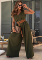 Dlhý lniany Overal z szerokimi nogawkami i paskiem Tanala khaki