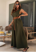 Dlhý lniany Overal z szerokimi nogawkami i paskiem Tanala khaki