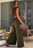 Dlhý lniany Overal z szerokimi nogawkami i paskiem Tanala khaki