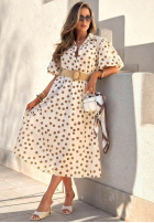 Šaty midi w Bodky  z bufkami i paskiem Hello Bellissima Biela