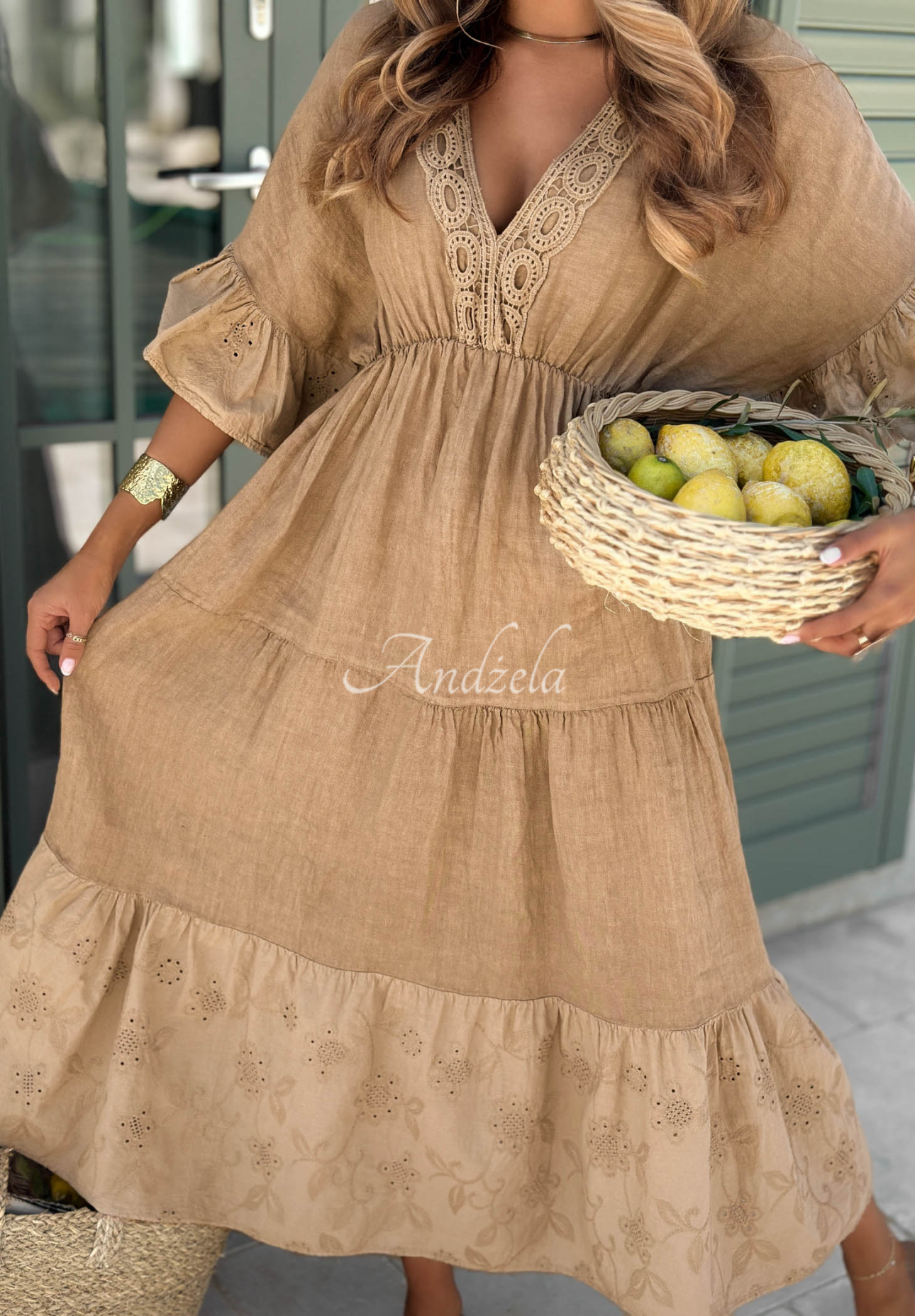 Ľanové  šaty maxi s ažúrovými detailmi boho Tuscan Sunshine ťavia